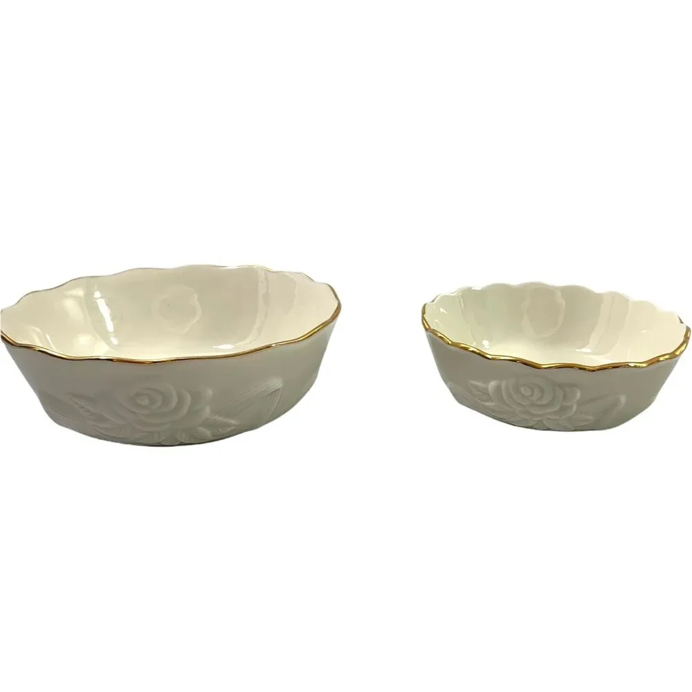 2 Lenox Bowls Ivory Embossed Rose Floral Scalloped Edge Handcraft‎ Goldtone Trim